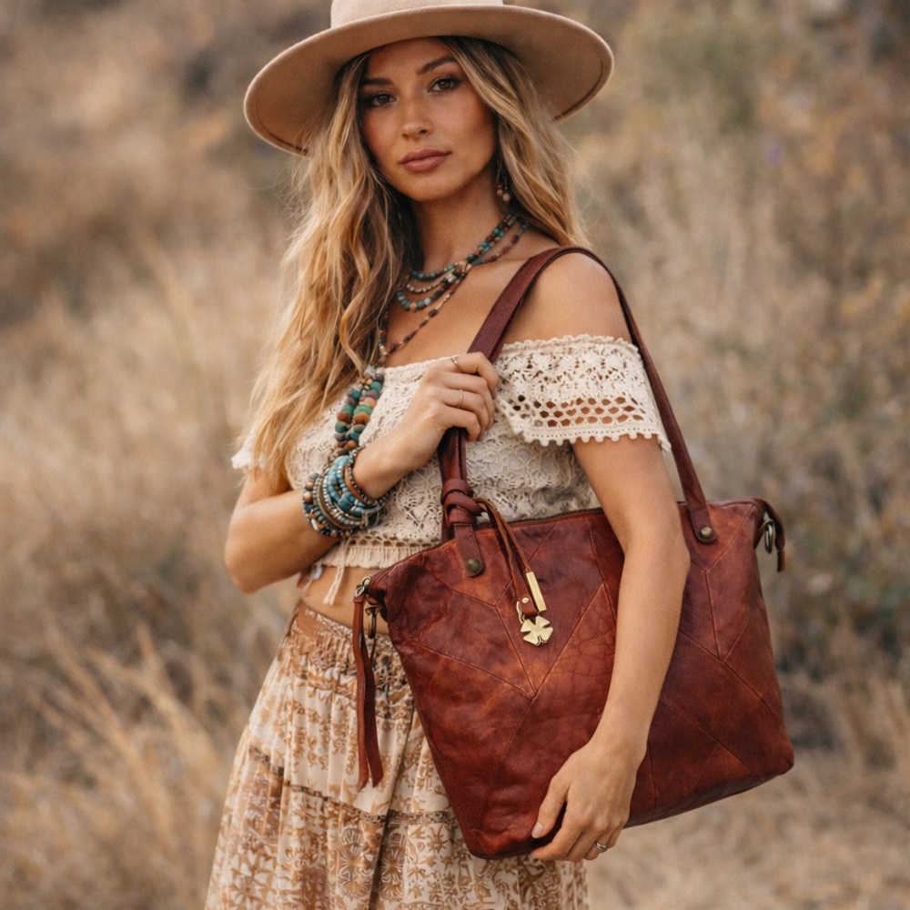 Lucky Brand Brown Leather Chevron Patchwork Slouchy Tote Bag Carryall Boho